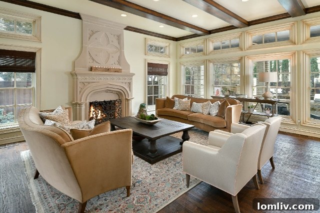 Great Room with Wood-Beamed Ceilings and Fireplace in University Park Residence