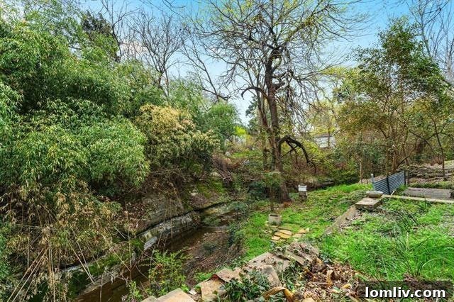 Expansive green lawn and mature trees on the double lot of 1402 Seevers Avenue