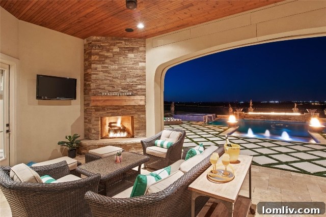 Luxury Covered Patio with Fireplace and Pool View