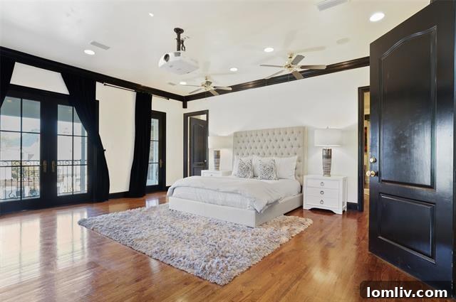 Opulent master bedroom with balcony and seating area
