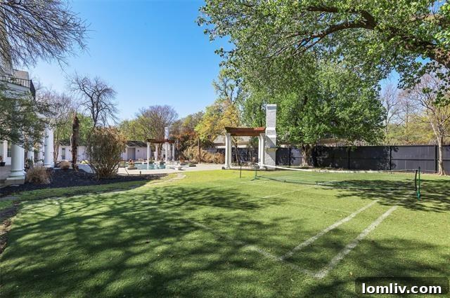 Aerial view of a sprawling luxury estate with pool and tennis court