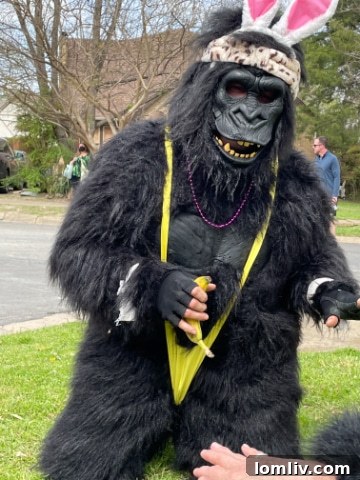 Parade participant in a unique Borat gorilla costume, adding to the eclectic fun of Hollywood Heights Easter
