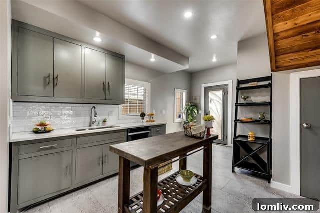 Custom Kitchen with Black Appliances and Gray Cabinetry