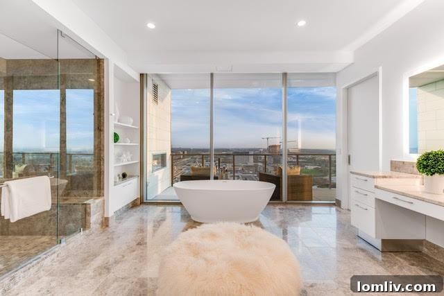 Modern and elegant bathroom with double vanity, sleek fixtures, and luxurious finishes in a Plano high-rise.