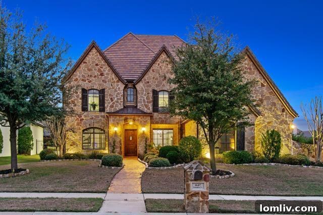 Stately stone-clad home in Fort Worth's exclusive Montserrat community, surrounded by lush landscaping and mature trees.