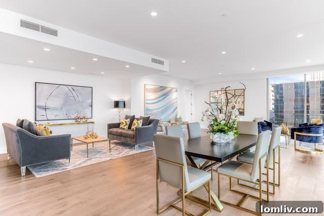 Spacious living area in a Plano luxury high-rise, featuring floor-to-ceiling windows and contemporary design with city views.