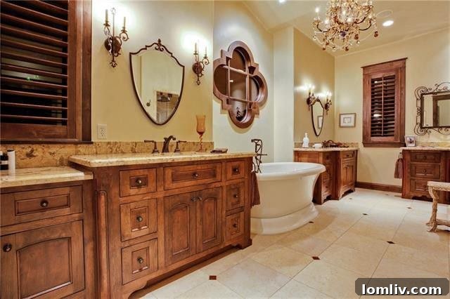 Before: Primary bathroom with dark wood elements