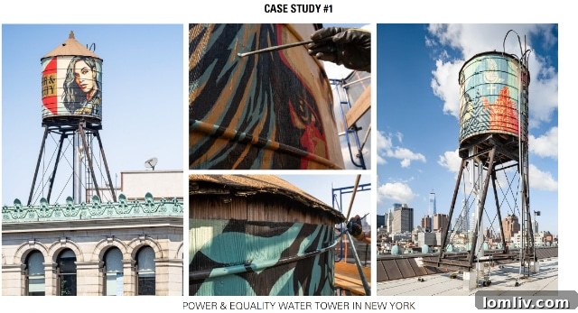 Shepard Fairey's signature style emerging on the historic Deep Ellum water tower