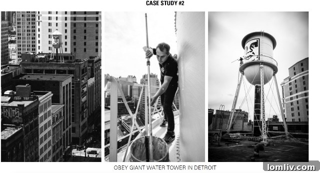 Close-up of Shepard Fairey's mural work on the Dallas water tower