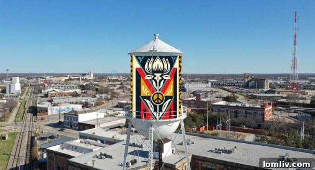 Scaffolding around the water tower during Shepard Fairey's mural installation