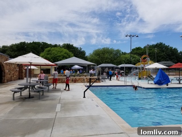 A vibrant scene from the grand opening of the new Tietze Neighborhood Family Aquatics Center on May 31, 2019, with historic buildings.