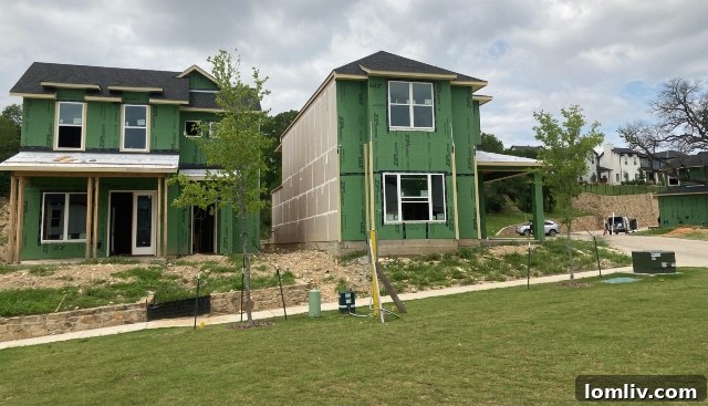 Homes facing a community pocket park at The Bluffs at River East
