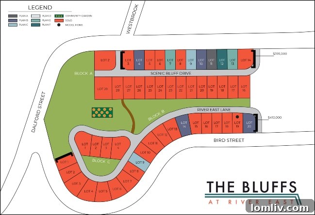 Site plan of The Bluffs at River East with sold homes marked in red