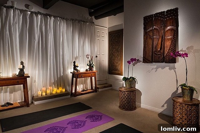 Serene home meditation space with lush plants, showcasing a tranquil yoga studio for mindfulness and relaxation