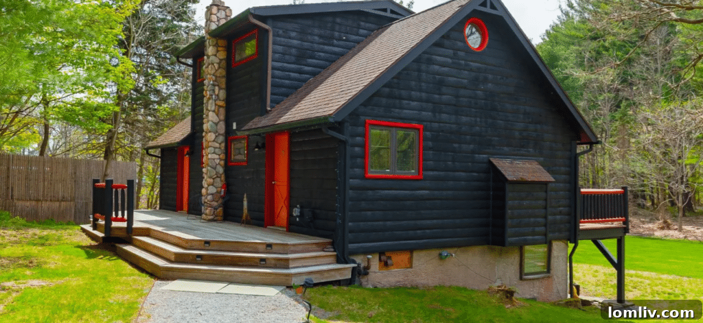 Exterior of a charming cabin nestled in the Catskills forest