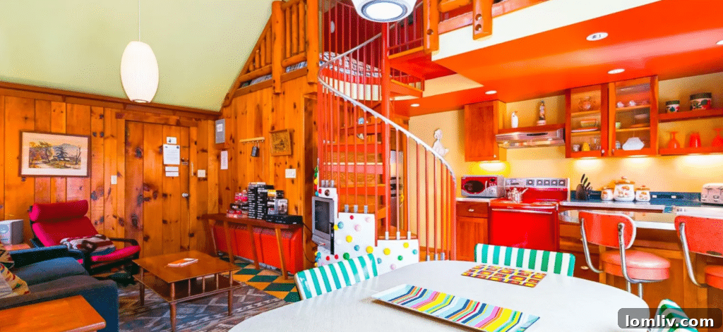 Colorful kitchen with retro appliances in a Catskills cabin