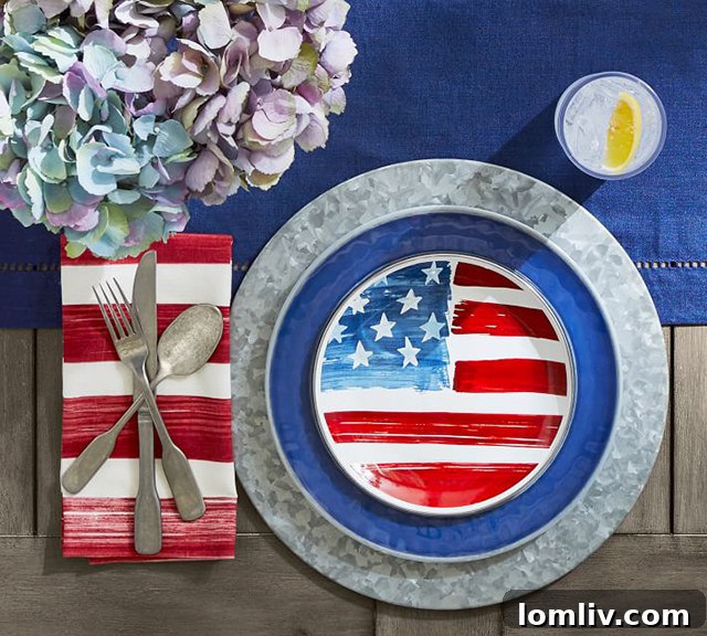 Festive Fourth of July party setup with American flag decorations and food