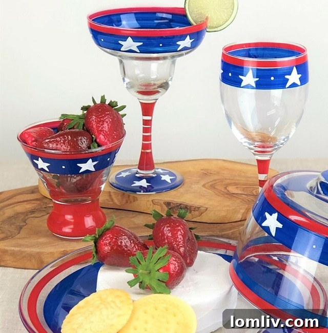 Patriotic stars and stripes margarita glass, part of a holiday drinkware collection
