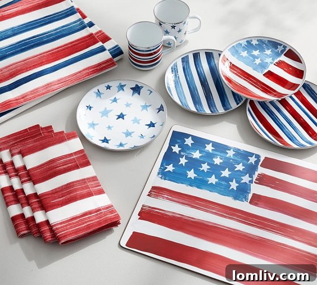 Americana watercolor-inspired dinnerware collection with red, white, and blue patterns