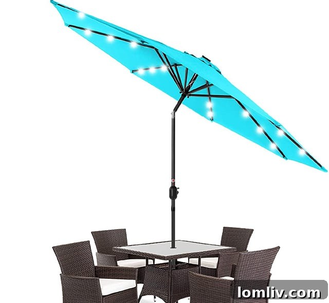 Adjustable patio umbrella with integrated LED lights for day-to-night use