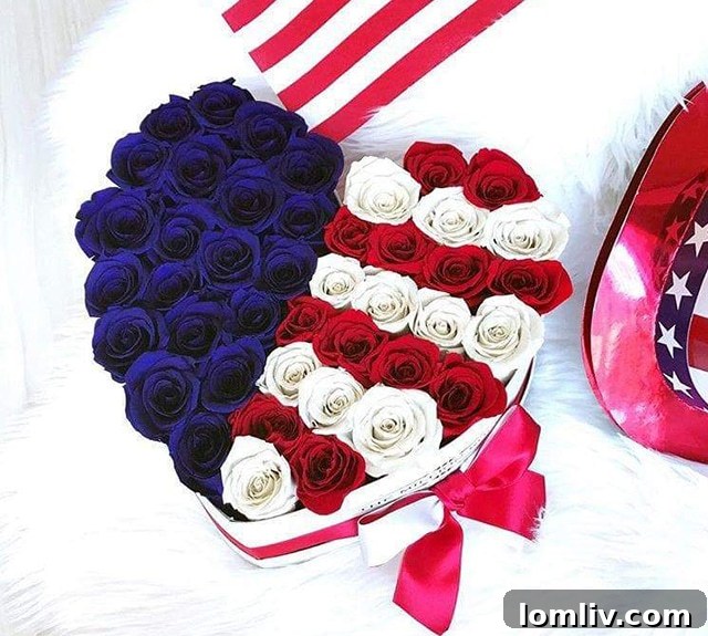 Limited-edition heart-shaped box featuring preserved red, white, and blue roses