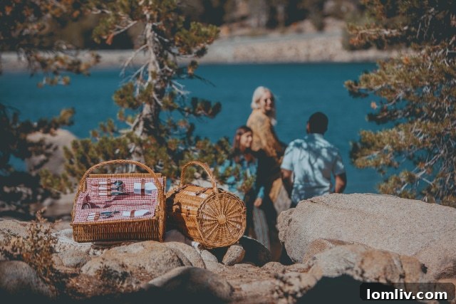 Traditional wicker picnic basket filled with gourmet essentials