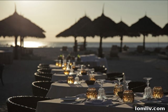 Outdoor dining table illuminated by soft LED candles at dusk