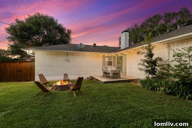 Transformed backyard at 8541 Capri Drive featuring firepit, dining area, and festive lighting