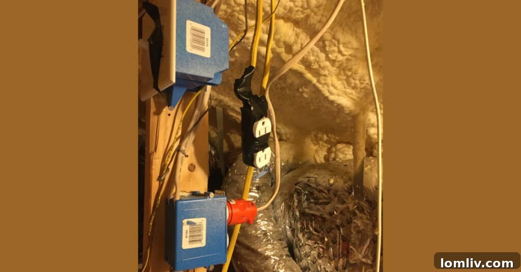 Yellow extension cord used as permanent wiring in an attic, a clear fire hazard.