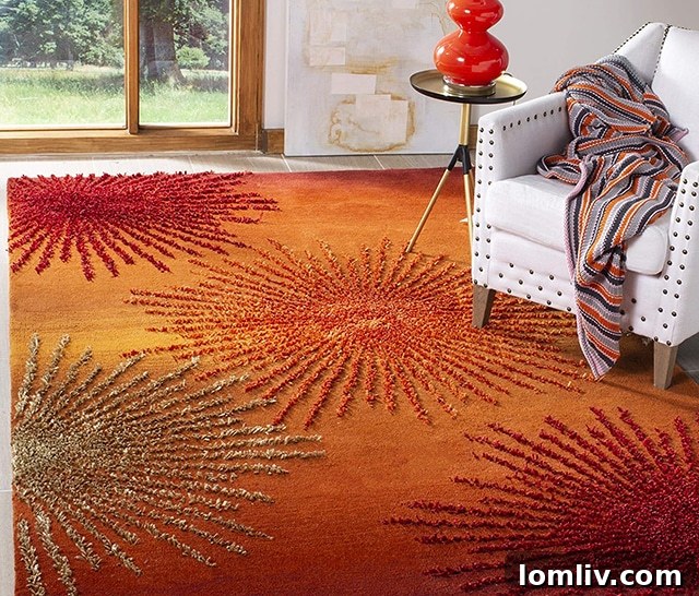 Safavieh Soho Collection starburst art-deco rug in bright orange, available in many colors