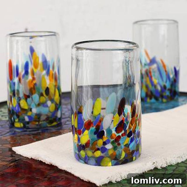 Handblown recycled rainbow glass tumblers from Novica, adding color to any table