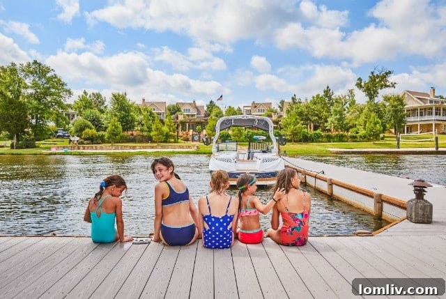 Scenic view of the Long Cove community from the lake with luxury homes nestled along the waterfront at sunset