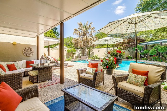 Private Pool Area with Covered Lounging in Fort Worth Home