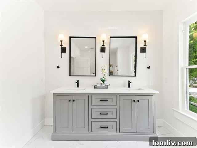 Modern Second Bathroom with Oversized Subway Tiles and Hex Floor