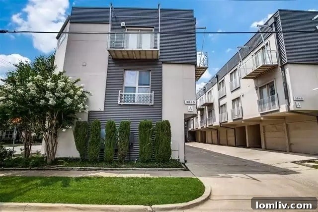Sleek exterior of urban condo near Downtown Dallas