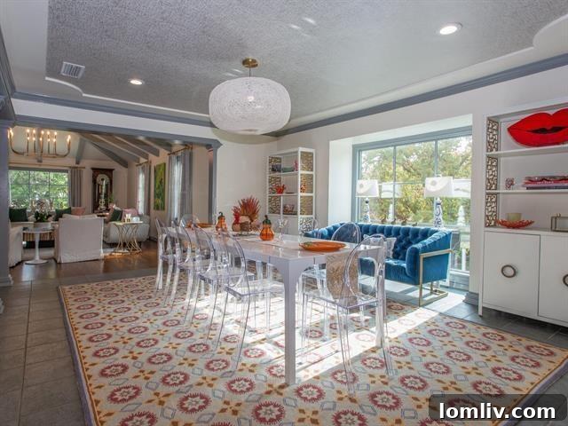 Elegant dining area with designer wallpaper and lighting