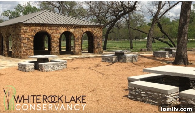 Stone pavilion at White Rock Lake, a popular Dallas picnic spot