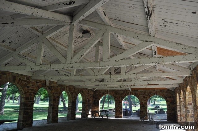 Stone Pavilion roof structure requiring complete rebuilding