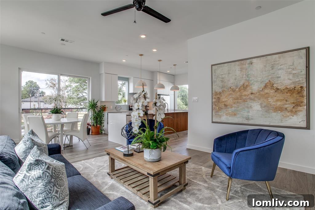 Luxury open-concept living room with abundant natural light and modern decor