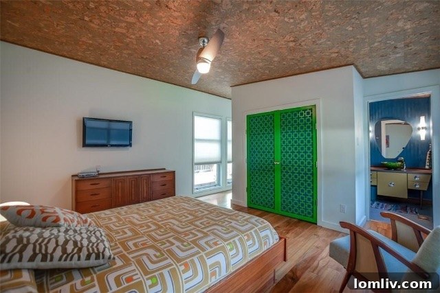 Chic Bedroom Featuring Unique Cork Ceiling and Minimalist Decor