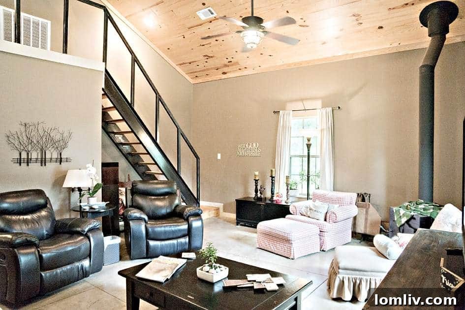 Exposed staircase leading to an upper level, showcasing the barndominium's rustic-chic design