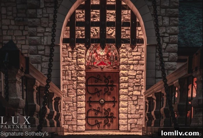 The stunning, intricately designed front door of the Michigan castle
