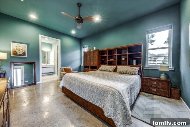 Bedroom with unique wall and ceiling color treatment and Mid-Century Modern decor
