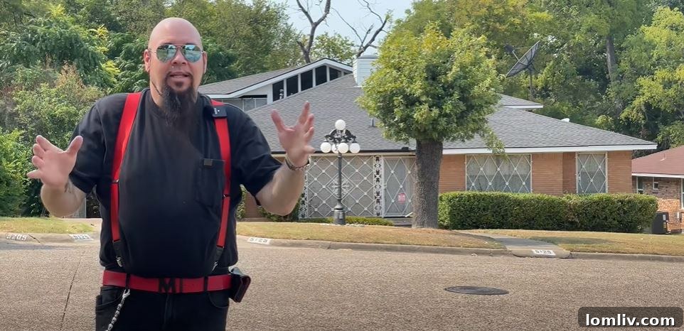 Bob 'Videobob' Moseley standing proudly in front of his distinctive South Oak Cliff residence, showcasing the unique character of his 'party house'.
