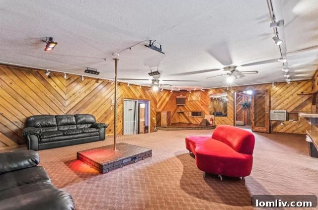 The expansive entertainment area within the Dallas party house, featuring a spacious bar, a lively Karaoke stage, and a distinctive pole dance area, all designed for ultimate social gatherings.