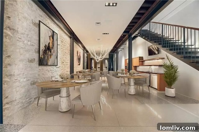 Multi-table dining setup in the versatile first floor