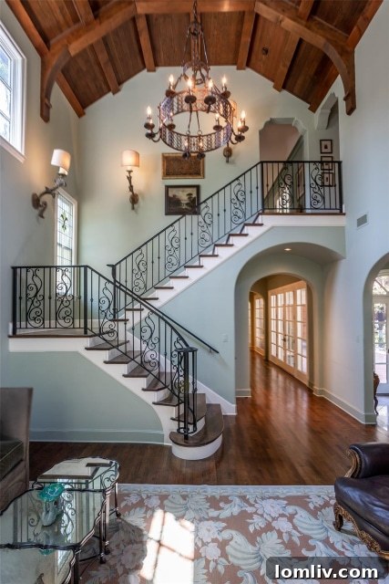 Compact Elegance: A Lafayette Home 6 Grand interior with a striking iron staircase and elegant wood-lined ceiling
