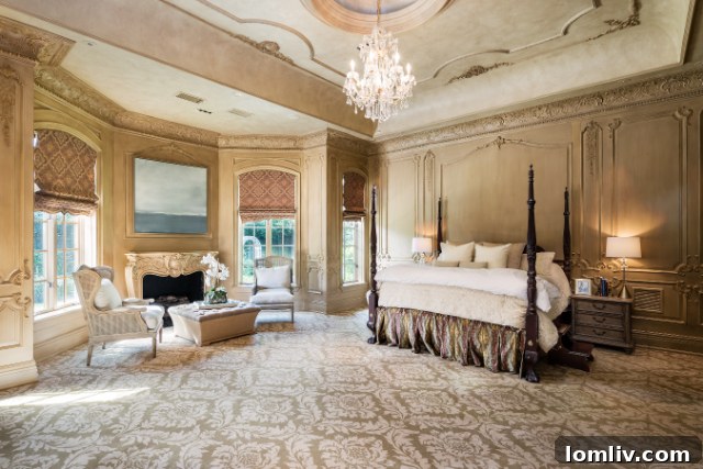 Elegant Primary Bedroom with Beaux Art Millwork and Crystal Chandelier