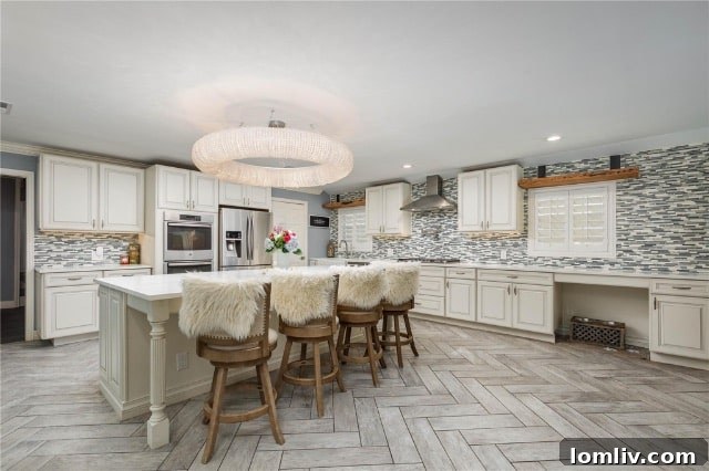 Luxurious kitchen with a grand chandelier in a Dallas home