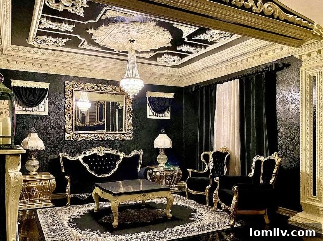 Formal dining area with dark decor and a grand table, ready for entertaining